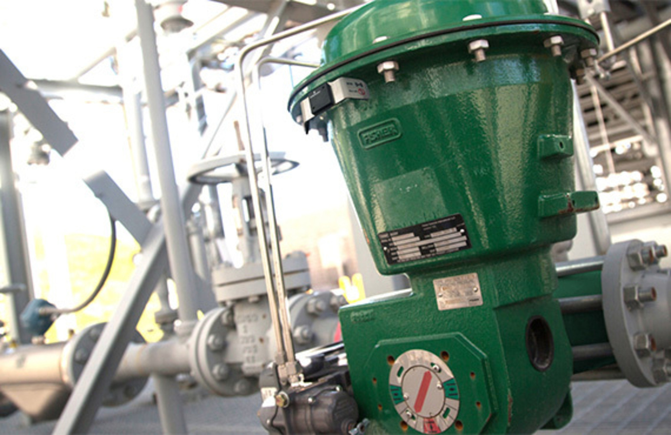 Close-up of a Fisher™ Vee-Ball™ V200 Control Valve, showcasing its intricate design and functionality in safety control systems.