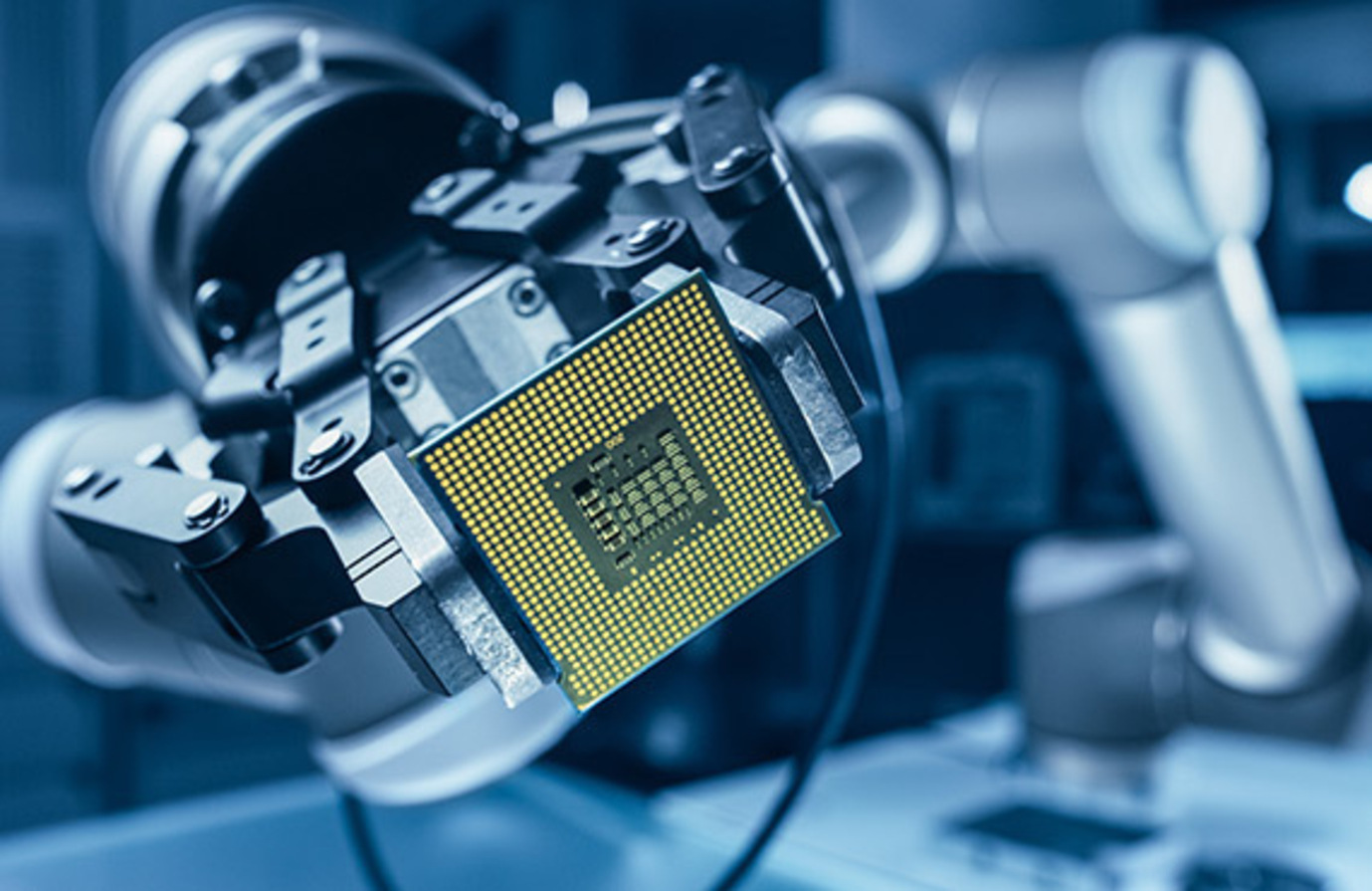A robot holding a chip, symbolizing machine learning.