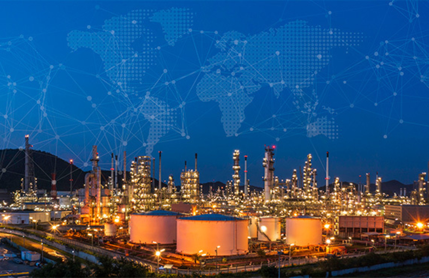 OT cybersecurity network graphic over an oil refinery at dusk.