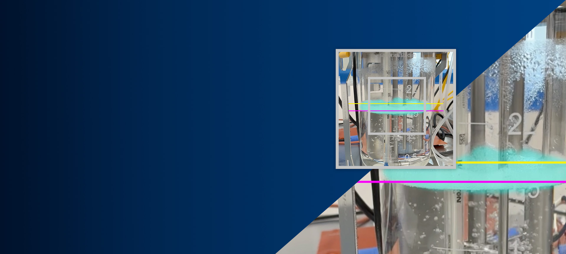 AI Foam Detection A clear container holding layered clear and light blue liquids with measurement lines overlaid banner