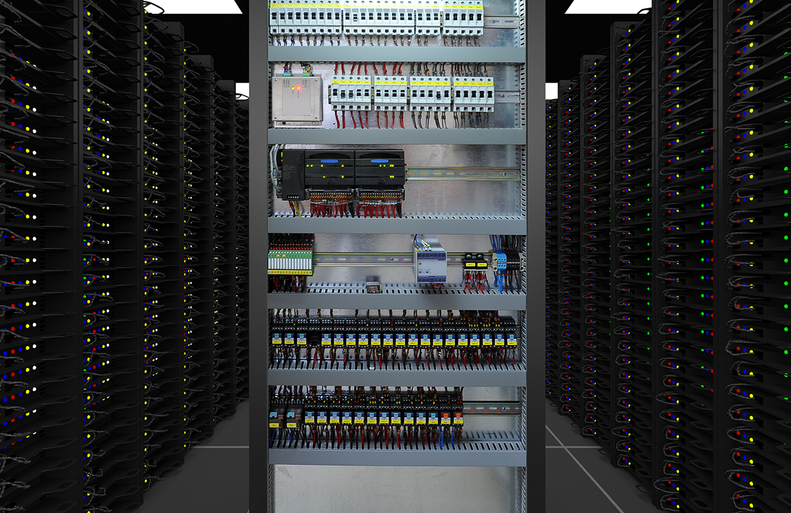 Cabinet full of PLCs in a server room